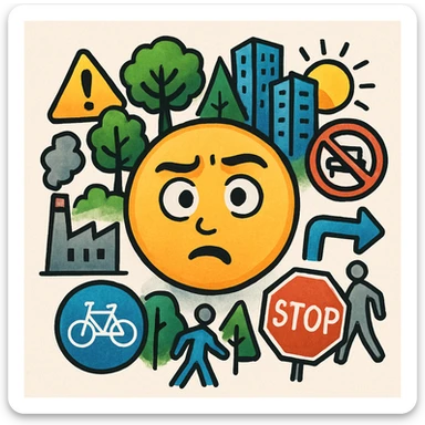 a face with a puzzled look, surrounded by sharp, vivid environmental icons like trees, buildings, and signs sticker