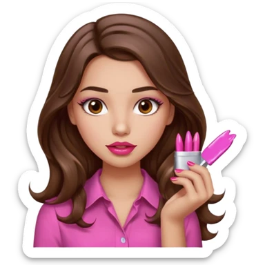 girl with long wavy brown hair, brown eyes, light to medium complexion, in a pink shirt, pink lips, long lashes, puckered lips, showing off painting long nails sticker