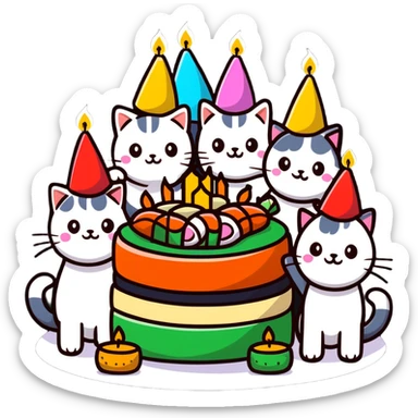 six happy cats wearing colorful party hats celebrating a birthday party around a festive cake made entirely of sushi with candles sticker