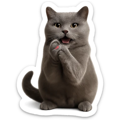 Make this British Shorthair cat clapping its paws look more realistic, keep the pose and happy face, no background, photorealistic style. sticker