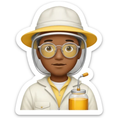 black male bee keeper with white hat and yellow glasses, white outfit,  sticker