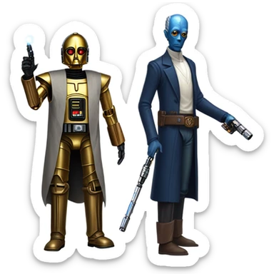 well-equipped jedi first order human-sized darkblue-pearl friendly bounty hunter c3po droid wearing a leather wild west duster coat holding light saber ready to fight but relaxed. antiqued sticker