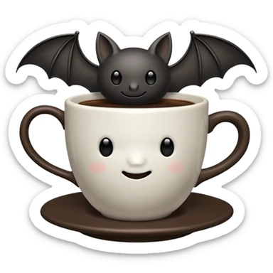 a steaming coffeecup with a bat sitting on it sticker
