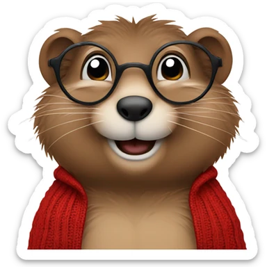 cute groundhog in a red sweater and glasses hands on side sticker