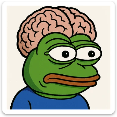 pepe the frog, big brain, comical meme style, humorous sticker