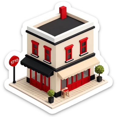 Isometric exterior little black, beige, and white restaurant, dollhouse style 3D realistic  sticker