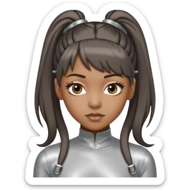 Left Eye from TLC with long dark brown ponytail hair, silver outfit sticker
