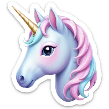 Cinematic Noble Unicorn Pony Portrait Emoji, Poised and graceful, with a delicate, miniature equine build adorned with a soft, pastel color, a tiny, shimmering horn and a silky mane that hints at magical charm, Simplified yet sharp and sophisticated features, highly detailed, glowing with a soft, enchanted glow, high shine, intelligent and spirited, stylized with an air of fairy-tale elegance, focused and poised, soft glowing outline, capturing the essence of a watchful and confident unicorn pony that appears ready to trot out of the screen with graceful magic! sticker