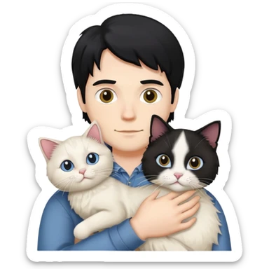 A black-haired white man holding a ragdoll cat sticker