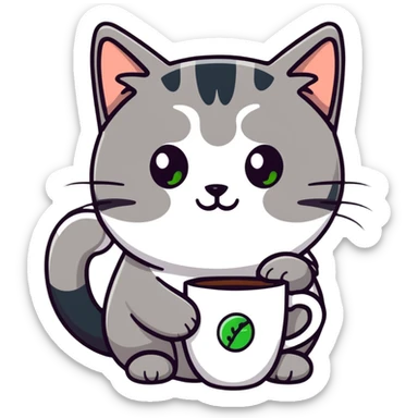 tricolor fluffy cat with big green eyes drinking a cup of coffee sticker