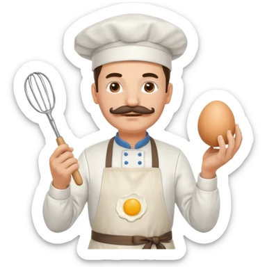 Middle aged male pastry chef - with a mustache, apron, white hat, and holding an egg beater in one hand sticker
