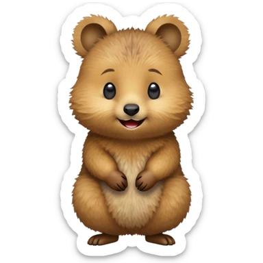 cinematic-quokka-realistic-emoji -hunched-over-emoji,-small-round-frame-balanced-on-tiny-strong-hind-legs,giant-fluffy-cheeks-large-smile-fluffy-brown-fur-radiating-a-warm-softness,-big-round-eyes-filled-with-joy, realistic emoji sticker