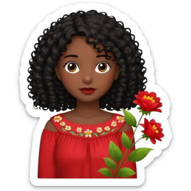 A girl with shoulder-length curly hair, dark skin, and black hair is wearing a red blouse with flowers. sticker