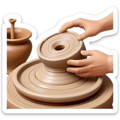 Cinematic Realistic image of a ceramic pottery wheel in action, with skilled hands shaping wet clay into a graceful form, featuring intricate details of swirling textures and gentle water splashes, illuminated by soft, artisanal lighting sticker