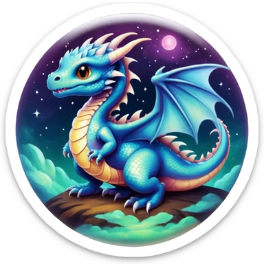 A round bezeled button with an Airbrush painted image of a dragon hatchling under a deep galactic sky with pearlescent scales and wings spread against the stars sticker