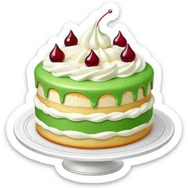 cake with green marzipan on top, Whipped cream, vanilla cream and jam inside sticker