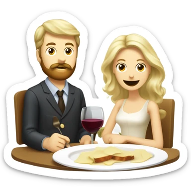Repas raclette et deux verres de vin blanc en couple, femme blonde cheveux aux-dessus des épaules homme petite barbe et moustache grisonnantes et cheveux bruns grisonnant  sticker