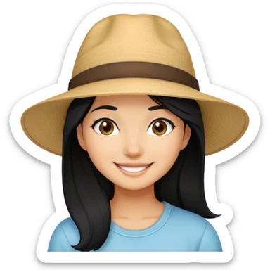 girl with black hair, wear hat, smyle sticker