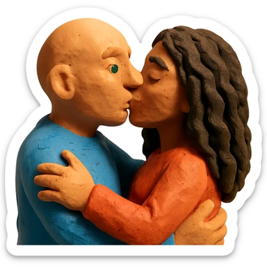 caucasian bald man with green eyes and caucasian woman with long curly dark hair and brown eyes kissing, claymation style sticker