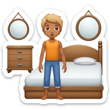 A person stands beside their bed, rolling out groggily with determination. The bed behind them is neatly made, a mirror in front of them . A glowing sunrise outside signals the start of a productive day. sticker