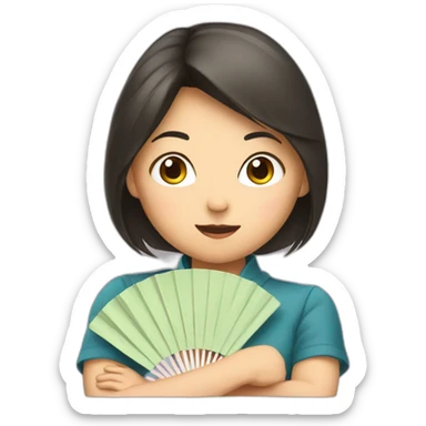 Female asian girl hiding behind a fan sticker