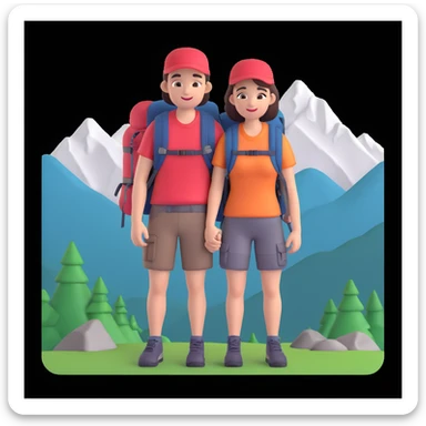 back packer couple posing, mountains in background,   close up pose sticker