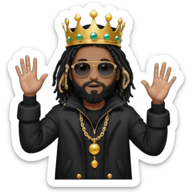 African American man with shoulder length black dreadlocks with black beard wearing  dark black sunglasses with a black bubble winter coat wearing a crown with hands out sticker