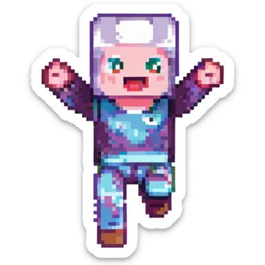 Minecraft-style character, 45x45 pixel resolution, blocky pixel art, simple colors, jumping pose, no background sticker