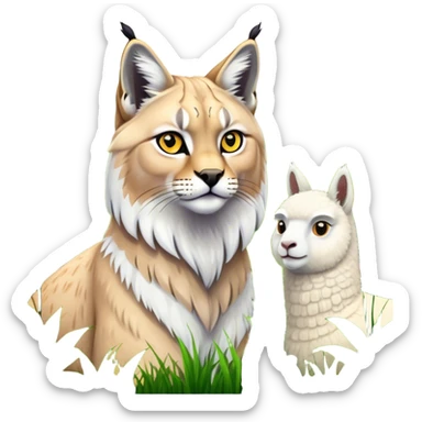 Collage of exotic animals: a lynx with striking eyes, and a fluffy alpaca standing in a lush meadow. The lynx gazes intently while the alpaca looks calm and curious. Surrounded by vibrant plants and flowers. Transparent background for a lively, colorful scene. sticker