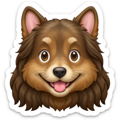 dog face with a long-haired brown and black brindle coat and light brownish gold eyes smiling with tongue hanging slightly out. sticker