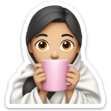 Asian girl with dark hair wearing a white blanket and holding a pink mug sticker