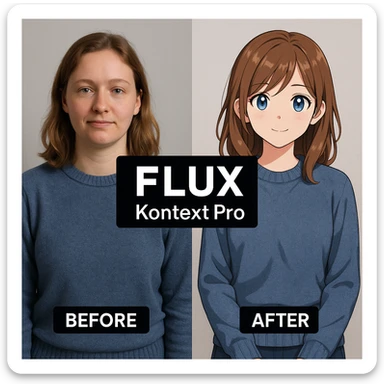 create before after image of a girl before is realsitic photo, after is anime version of her in same pose and clothes, add logo with text of a "FLUX Kontext Pro" in middle in big, black background sticker