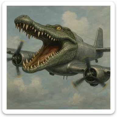 WWII bomber plane with a crocodile head replacing the cockpit mouth wide open and teeth bared metallic textures wings and propellers absurd meme-inspired reflecting Italian Brainrot humor sticker