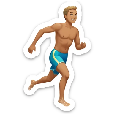 A white man running into the ocean, paisaje embracing the waves and the moment. The sun shines warmly, and the water sparkles, symbolizing the joy of creating fun and appreciating life’s simple moments. Their footprints in the sand fade as they fully immerse themselves in the present. sticker