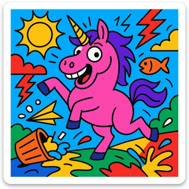 silly neon pink unicorn, wild scene, playful mayhem, bold lines, cartoon style, vibrant colors sticker