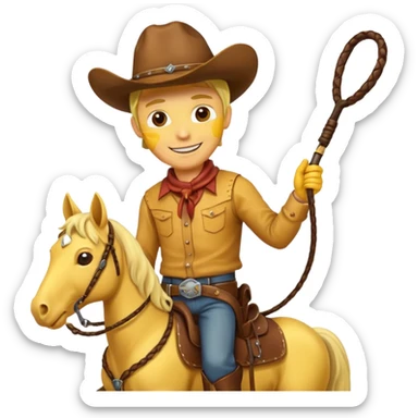 Cowboy riding a horse with whip. With yellow skin and smilling. Simplize it and I need a full pic with horse. Like I need the leg part too sticker