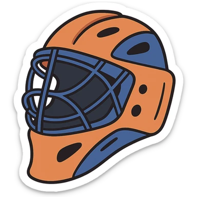 field hockey goalie helmet, orange base with royal blue accents, clean and clear, matching previous stick style, minimal and flat illustration style sticker