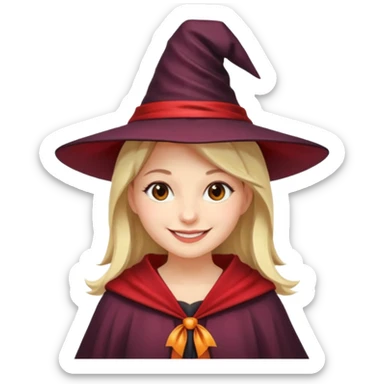 A younger woman with a witch's hat, red tie and robes (classic student or young witch look). sticker