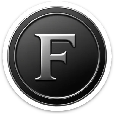 Emoji icon of a black coin with engraved letter F, minimalist style, isolated, no color sticker