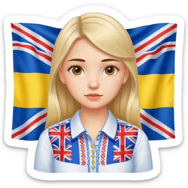 Ukrainian girl in an embroidered shirt against the background of the British flag sticker