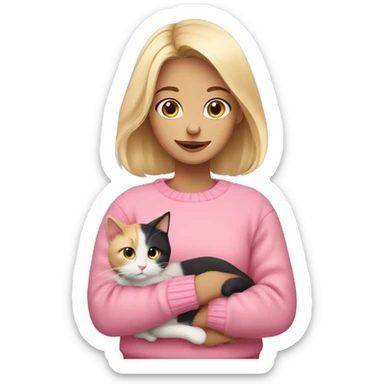 Blonde girl with a pink sweater holding a calico cat sticker
