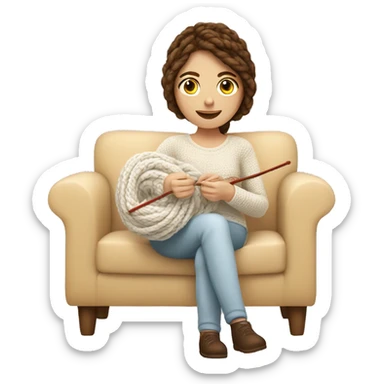 White woman with brown hair, doing crochet on sofa with white yarn sticker