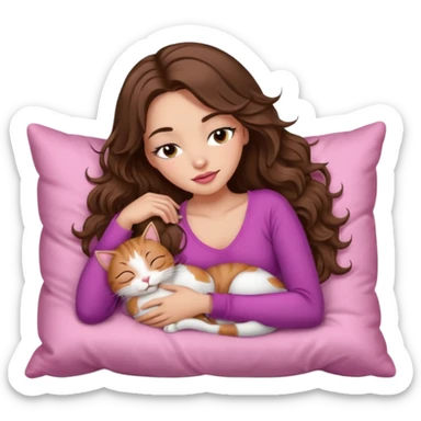 girl with long wavy brown hair, brown eyes, long lashes makeup, sexy pink lips, light to medium complexion,  sleeping on a cozy pillow, with 6 cats, sleeping sticker