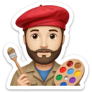 man artist with beard, wearing red beret and painter sticker