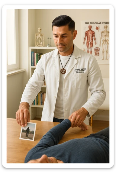 a middle-aged man, dressed in casual professional attire, is in a bright, organized therapy studio. Durante una visita di kinesiologia, il praticante tiene con una mano la foto di una persona lontana (il “testimone”) appoggiata su un tavolo, mentre con l’altra mano esegue un test muscolare su un cliente presente. Sullo sfondo si vedono libri di kinesiologia, poster anatomici e strumenti tipici della disciplina. L’atmosfera è concentrata e serena, con luce naturale che entra dalla finestra, sottolineando l’aspetto alternativo e umano della pratica. sticker