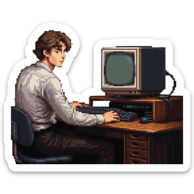 Young man sitting at desk with vintage desktop computer with large CRT monitor sticker