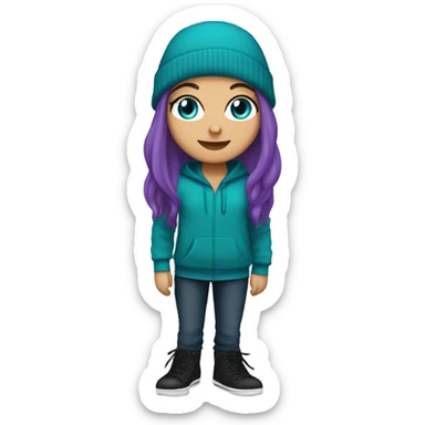 White girl, blue eyes, long teal hair, purple beanie hat, black hoodie, blue jeans, black shoes sticker