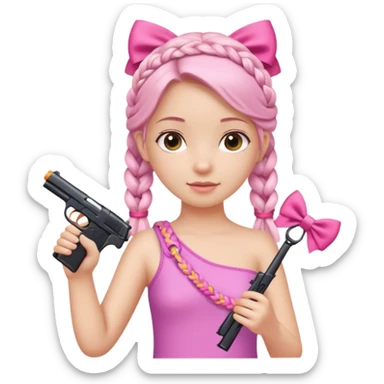 A girl who has a braid on one should and has a flipflop in one hand that has a bow while in the other hand she has a gun with a bow  sticker
