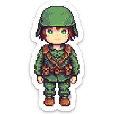pixel art soldier, green uniform, helmet, simple style, retro video game character sticker