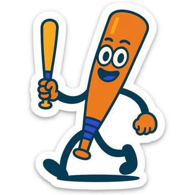 fun and lively baseball bat character with eyes, legs, and one hand holding a smaller bat sticker